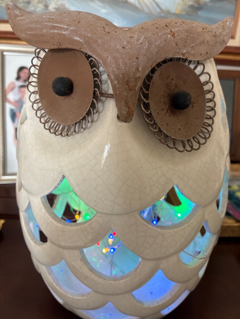 Ceramic Owl Lantern - White and Brown Decorative Accent